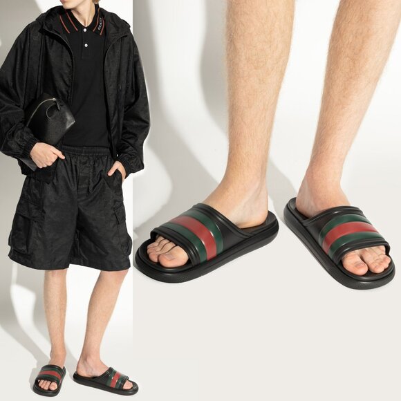 GUCCI SHOES MENS BLACK RUBBER ACE SLIDE SANDAL w WEB DETAIL sz 7G 7.5 US main image 9